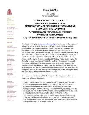 Press Release: LPC to Consider Stonewall Inn