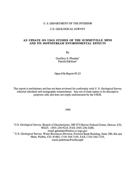 U. S. Department of the Interior U.S. Geological Survey an Update on Usgs Studies of the Summitville Mine and Its Downstream