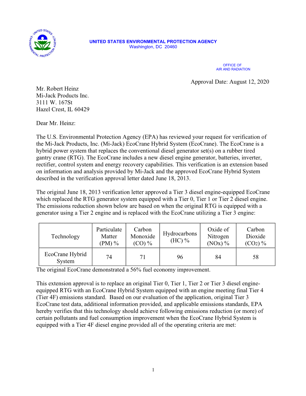 Verification Approval Letter from EPA to Mi-Jack Products, Inc. Regarding the Ecocrane Hybrid System