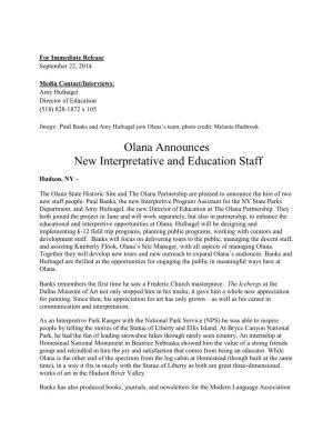 Olana Announces New Interpretative and Education Staff