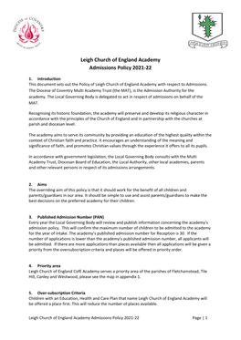 Leigh Church of England Academy Admissions Policy 2021-22