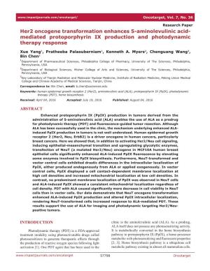 Her2 Oncogene Transformation Enhances 5-Aminolevulinic Acid- Mediated Protoporphyrin IX Production and Photodynamic Therapy Response