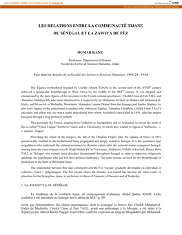 Les Relations Entre La Communauté Tijane Du Sénégal Et La Zawiya De Fèz