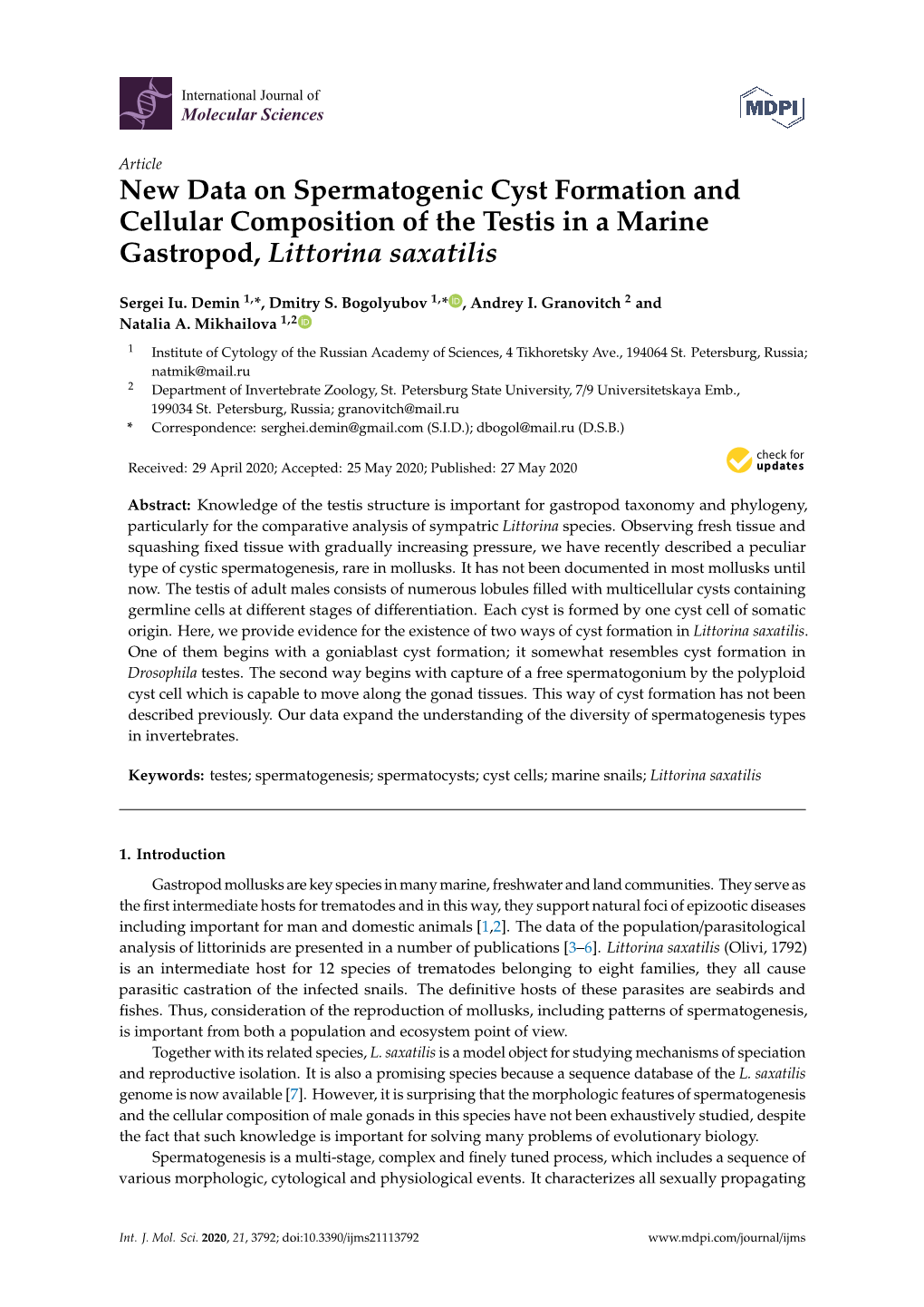 New Data on Spermatogenic Cyst Formation and Cellular Composition of the Testis in a Marine Gastropod, Littorina Saxatilis