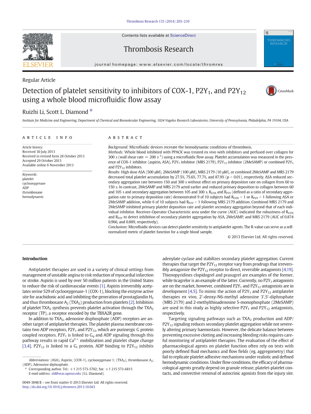 Detection of Platelet Sensitivity to Inhibitors of COX-1, P2Y1, and P2Y12 Using a Whole Blood Microﬂuidic ﬂow Assay