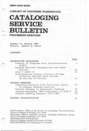 Cataloging Service Bulletin 015, Winter 1982