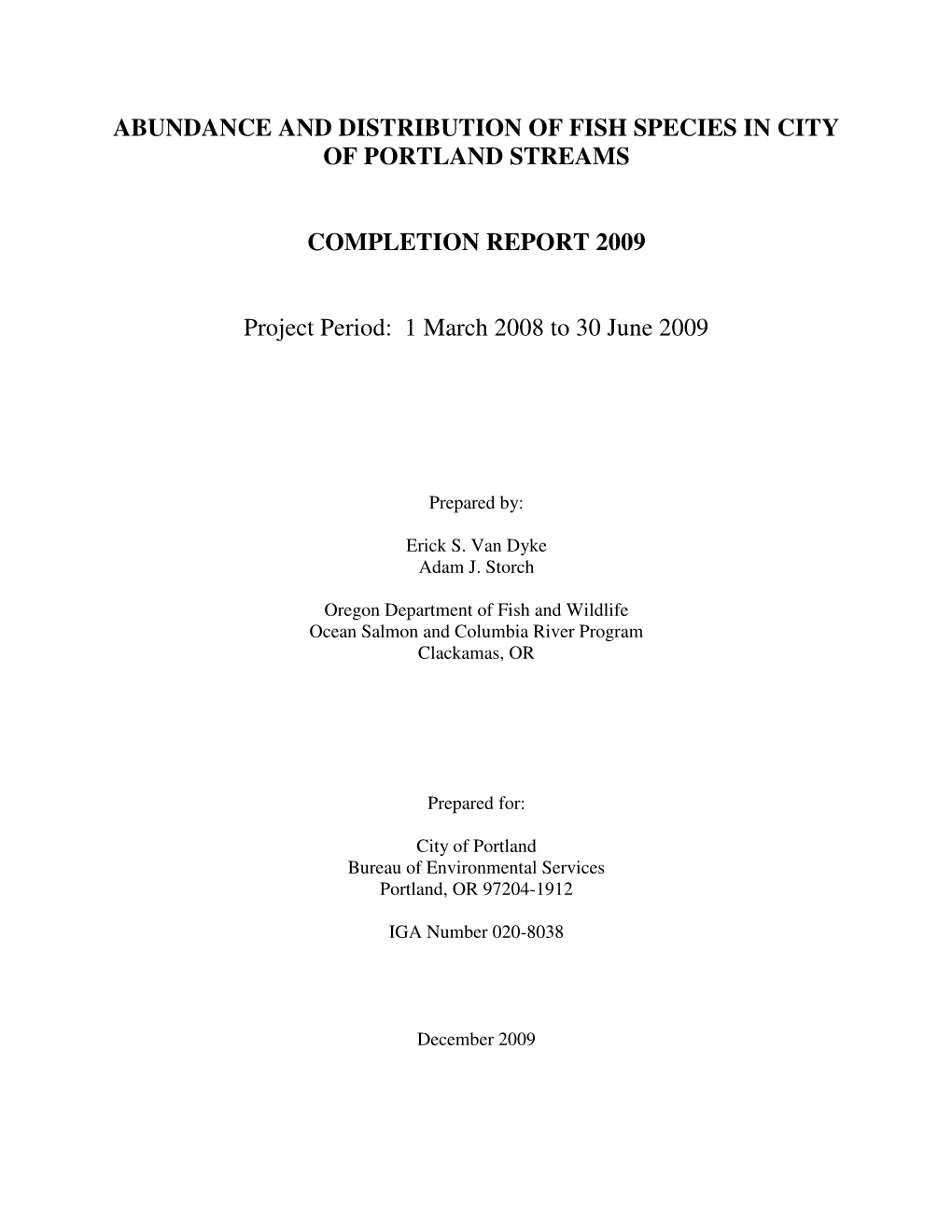 Abundance and Distribution of Fish Species in City of Portland Streams