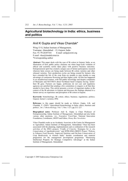 Agricultural Biotechnology in India: Ethics, Business and Politics