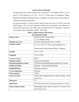 EXECUTIVE SUMMARY the Proposed Colour Granite Mining Lease Was Granted to M/S.Madhura Mines, Over an Extent of 1.850 Hectares in Sy