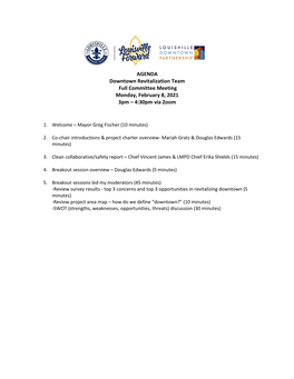 AGENDA Downtown Revitalization Team Full Committee Meeting Monday, February 8, 2021 3Pm – 4:30Pm Via Zoom