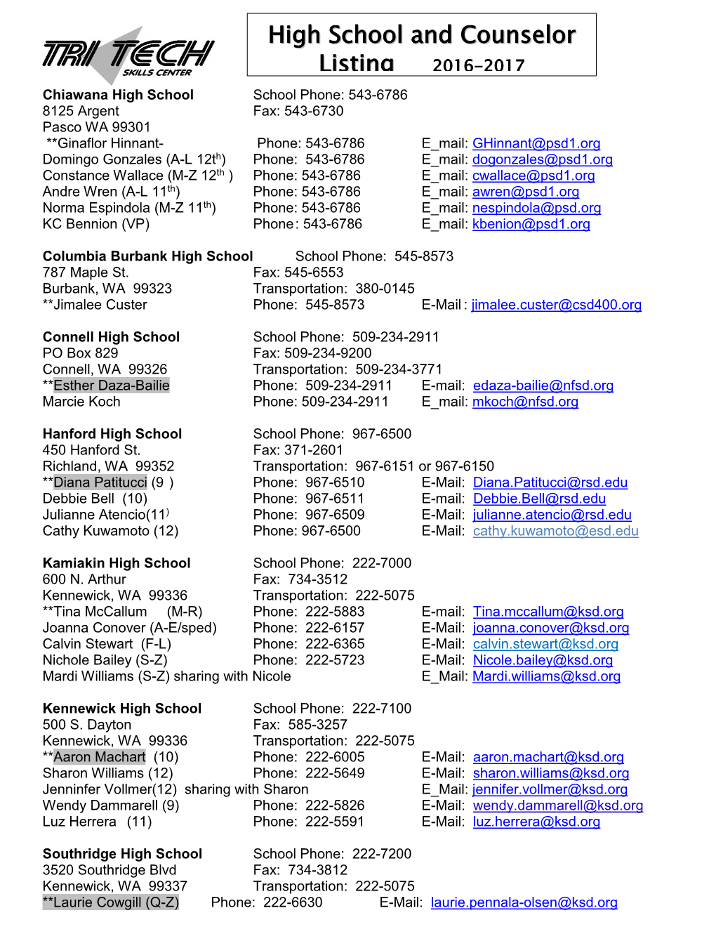 High School and Counselor Listing 2016-2017