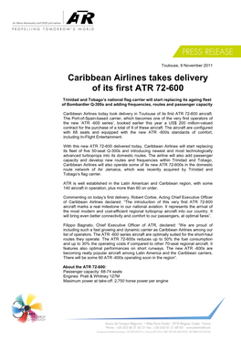 Caribbean Airlines Takes Delivery of Its First ATR 72-600