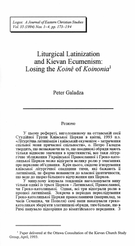 Liturgical Latinization and Kievan Ecumenism: Losing the Kaine of Koinonia1