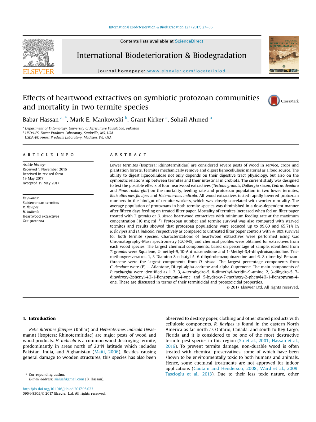 Effects of Heartwood Extractives on Symbiotic Protozoan Communities and Mortality in Two Termite Species