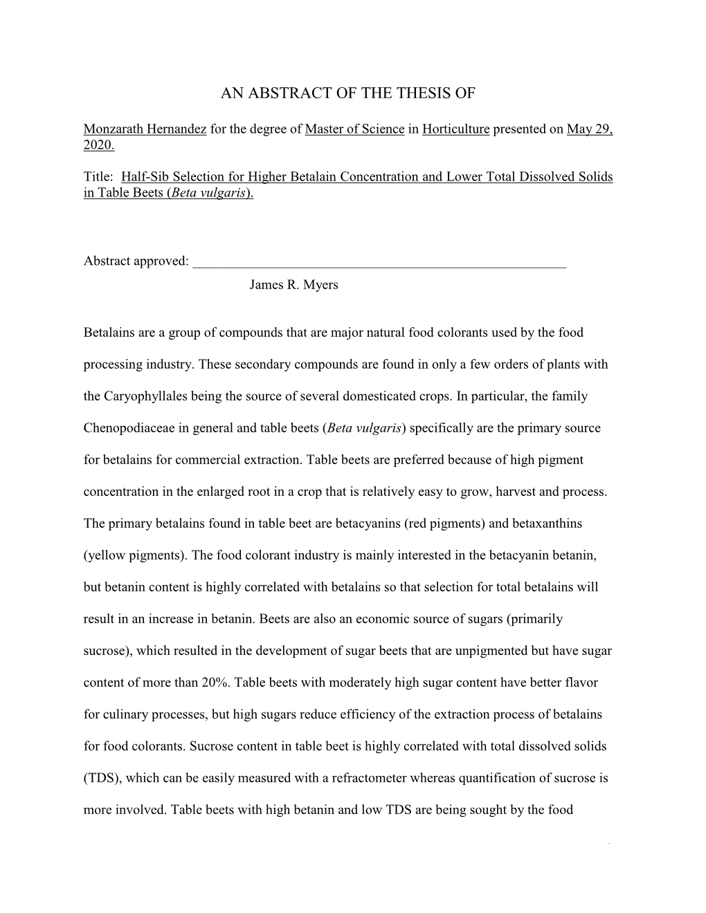 Half-Sib Selection for Higher Betalains Concentration and Lower Total Dissolved Solids in Table Beets (Beta Vulgaris)