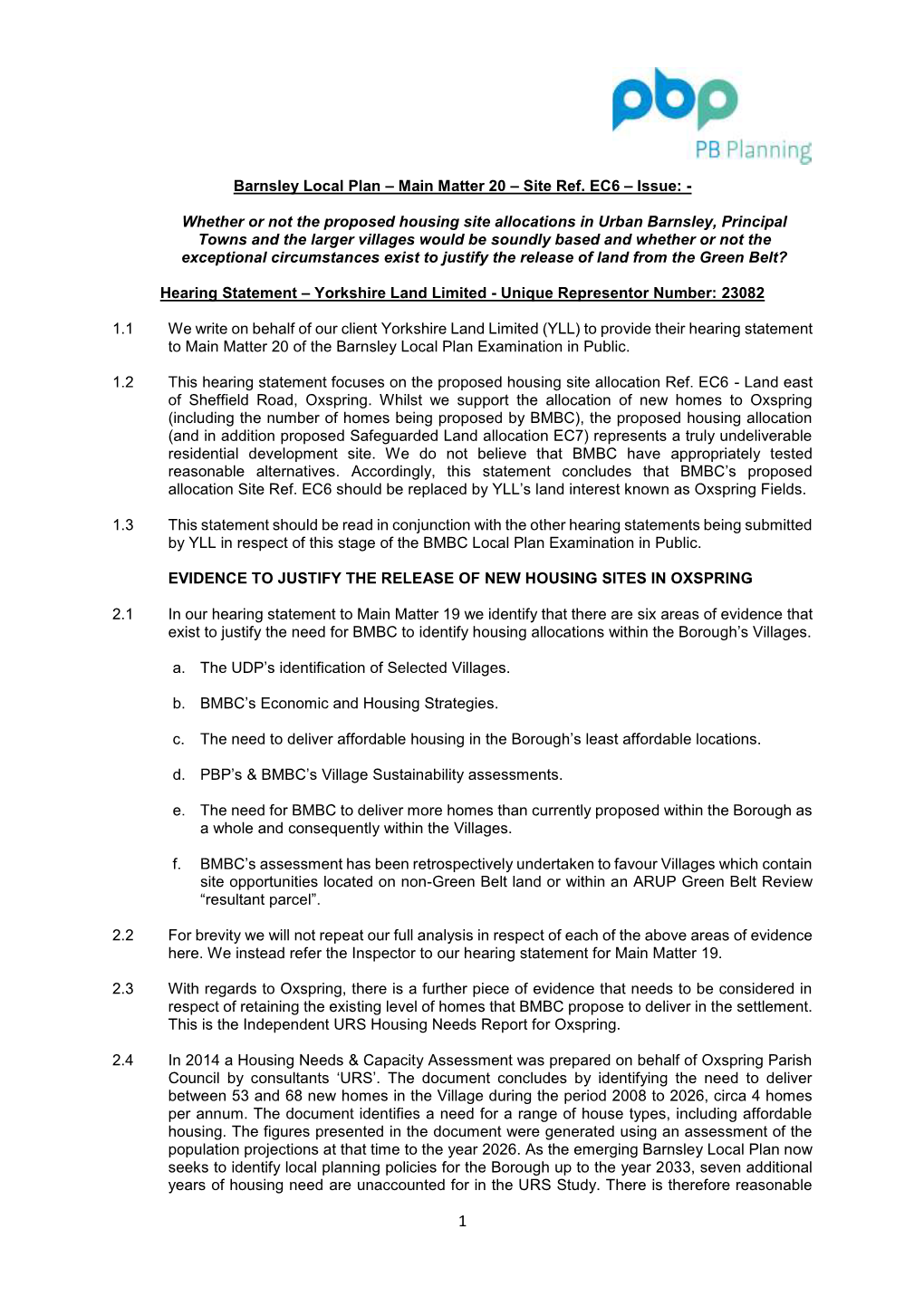 Barnsley Local Plan – Main Matter 20 – Site Ref. EC6 – Issue: