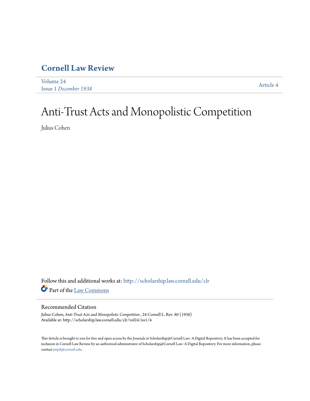 Anti-Trust Acts and Monopolistic Competition Julius Cohen