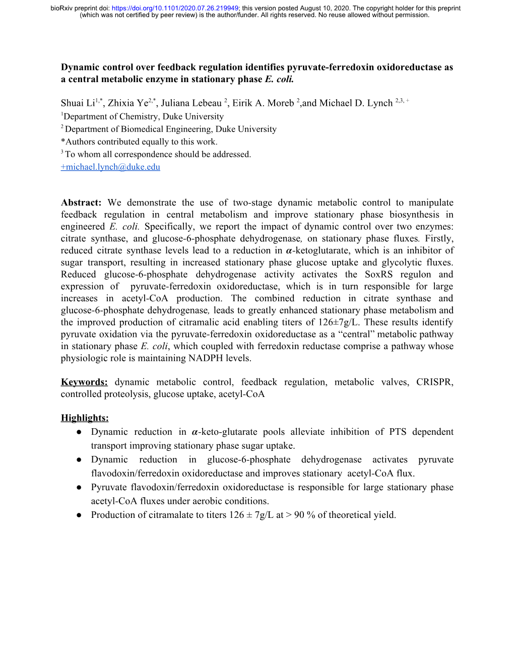 Dynamic Control Over Feedback Regulation Identifies Pyruvate-Ferredoxin Oxidoreductase As a Central Metabolic Enzyme in Stationary Phase E