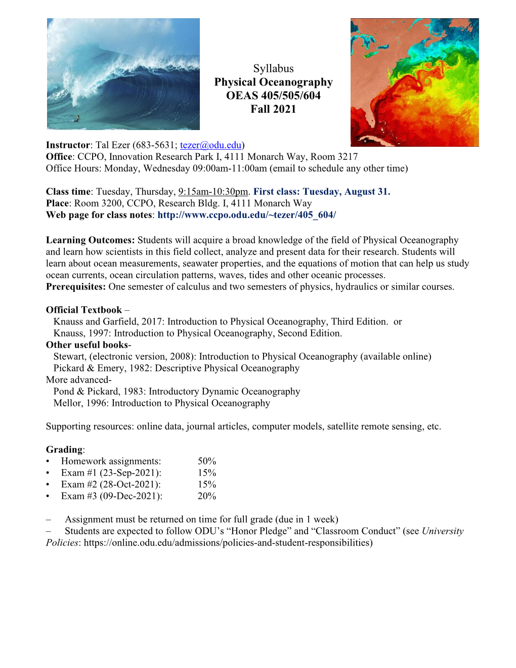 Syllabus Physical Oceanography OEAS 405/505/604 Fall 2021