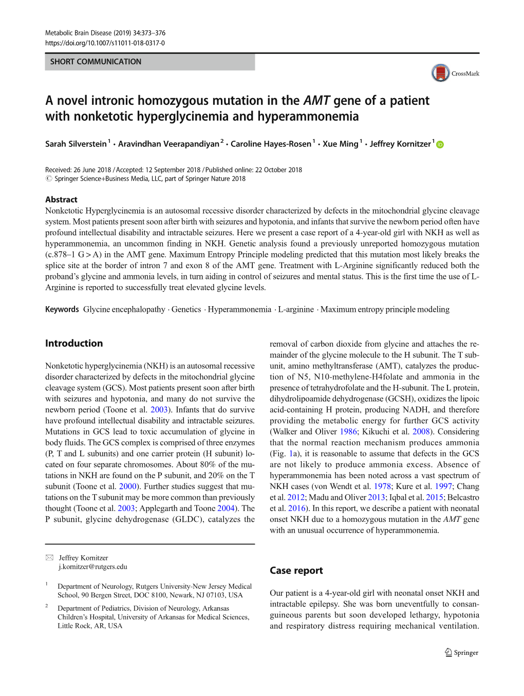 A Novel Intronic Homozygous Mutation in the AMT Gene of a Patient with Nonketotic Hyperglycinemia and Hyperammonemia