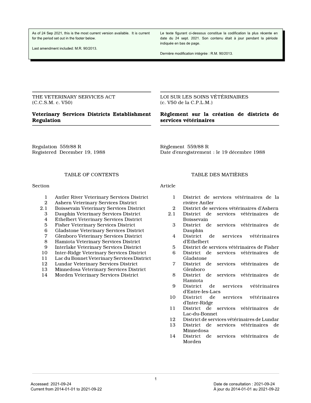 Veterinary Services Districts Establishment Regulation, M.R. 559