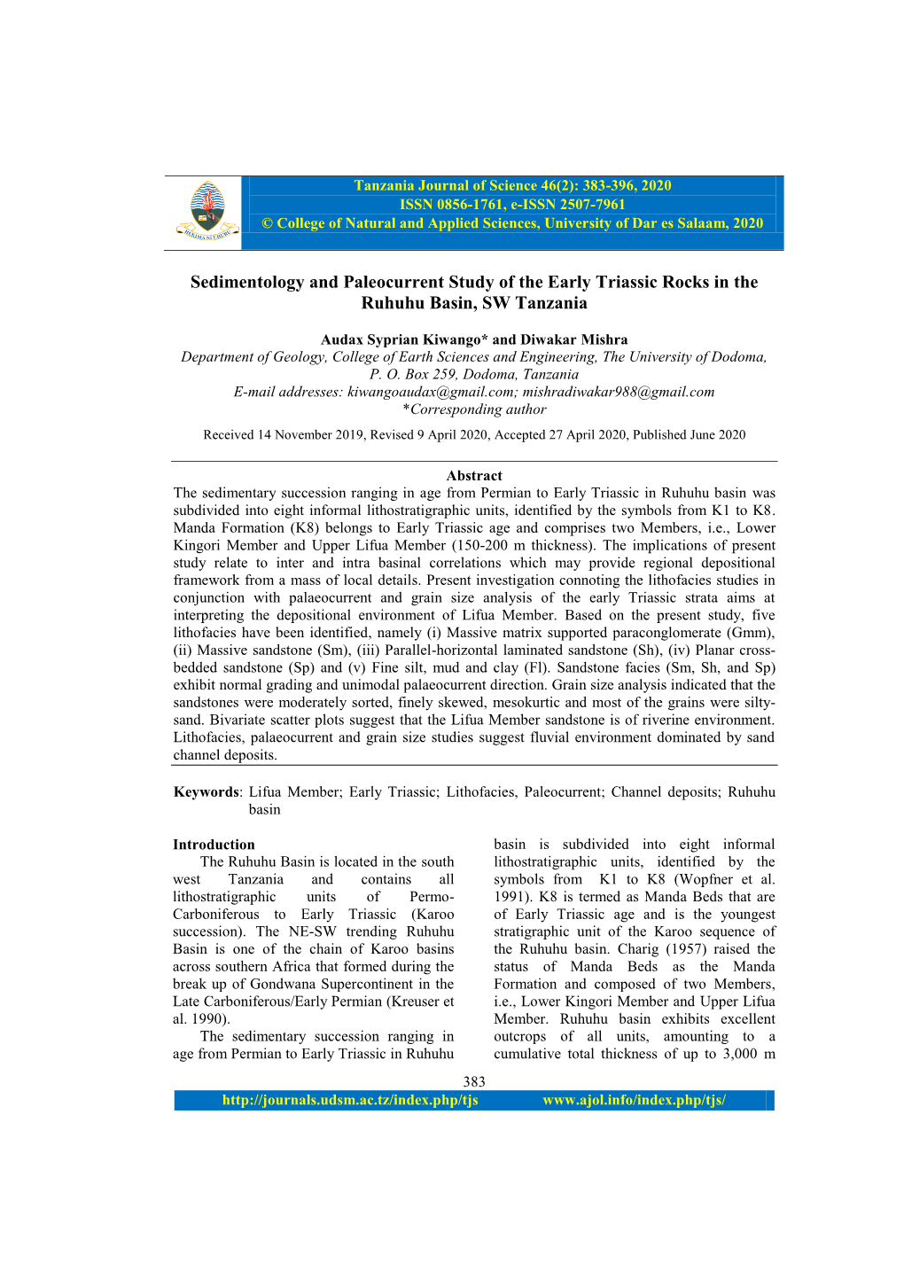 Sedimentology and Paleocurrent Study of the Early Triassic Rocks in the Ruhuhu Basin, SW Tanzania