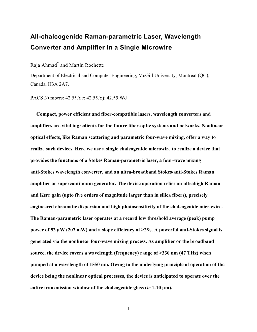 All-Chalcogenide Raman-Parametric Laser, Wavelength Converter and Amplifier in a Single Microwire