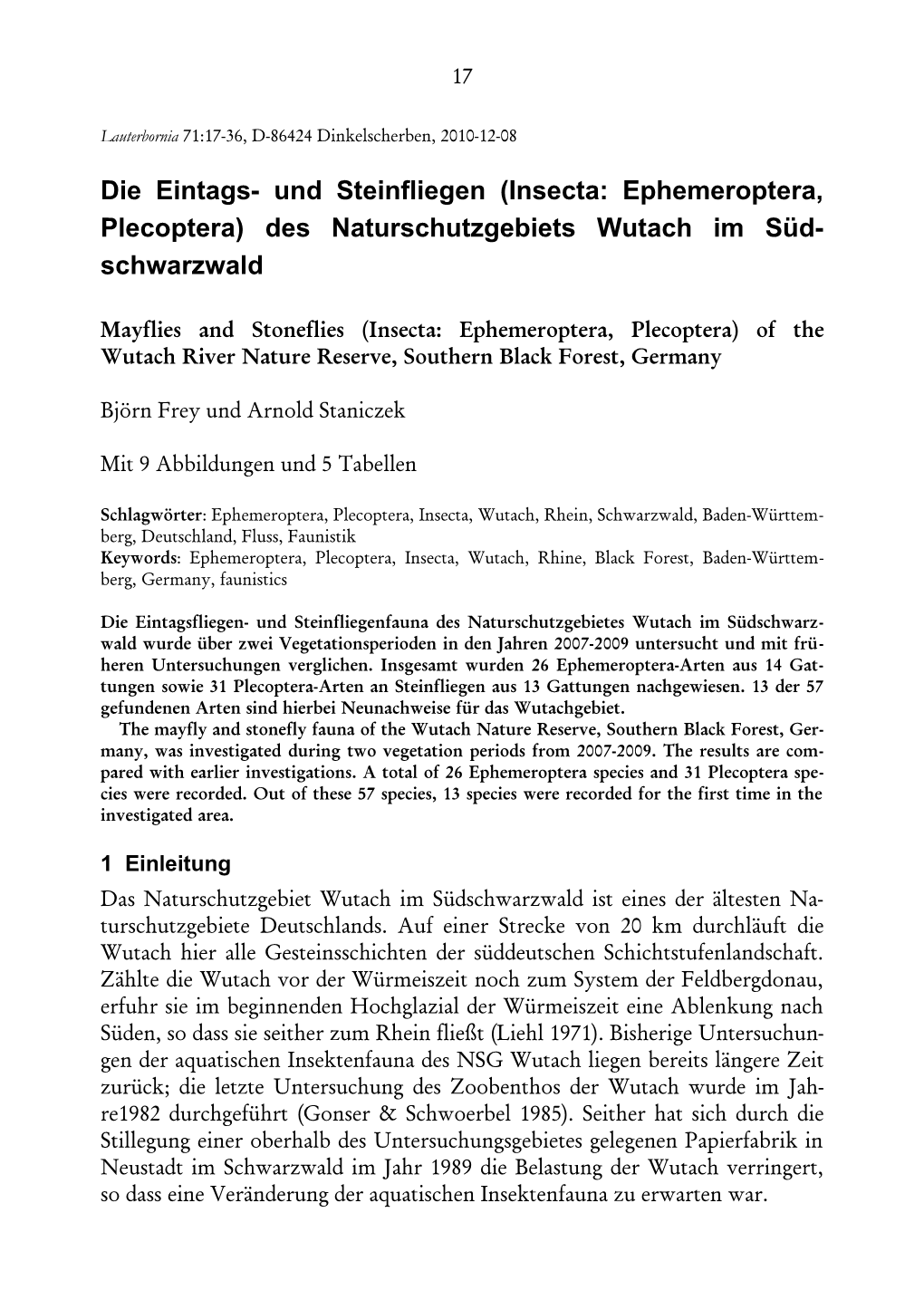 Und Steinfliegen (Insecta: Ephemeroptera, Plecoptera) Des Naturschutzgebiets Wutach Im Süd- Schwarzwald