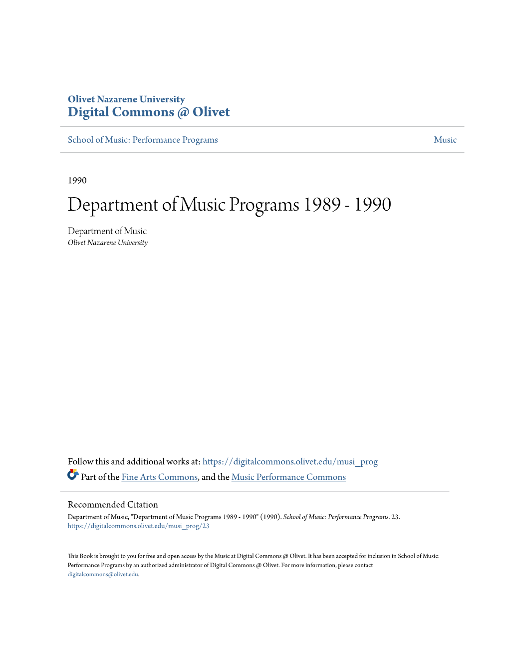 Department of Music Programs 1989 - 1990 Department of Music Olivet Nazarene University