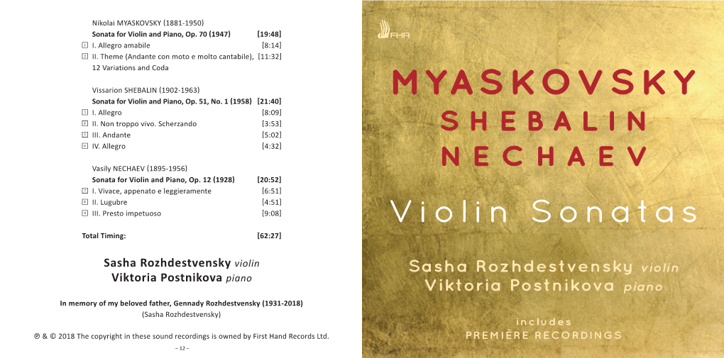 MYASKOVSKY (1881-1950) Sonata for Violin and Piano, Op