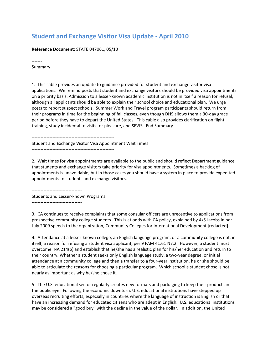 Student and Exchange Visitor Visa Update ‐ April 2010