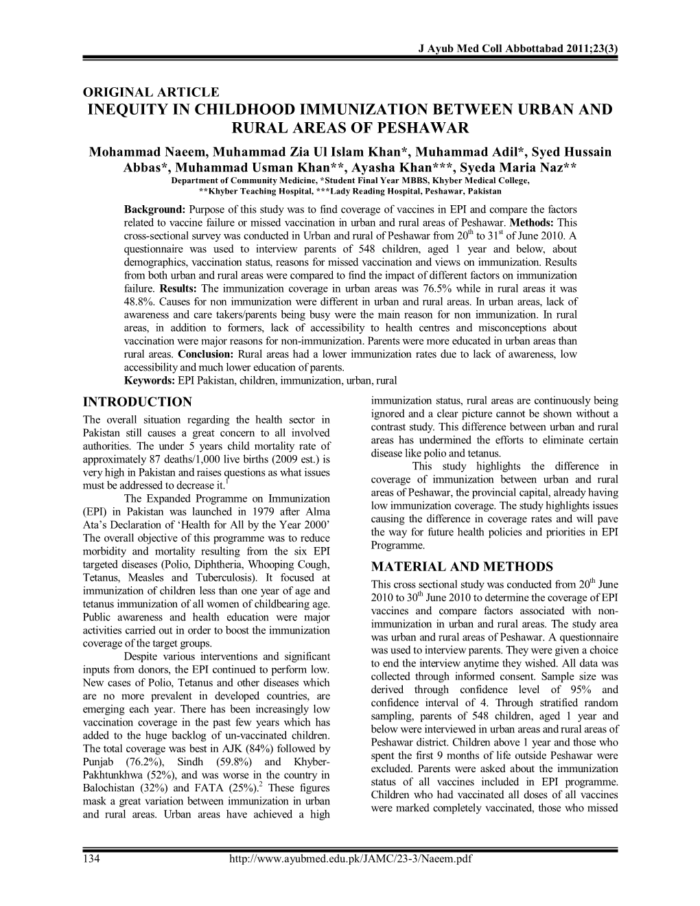 Inequity in Childhood Immunization Between Urban and Rural Areas Of