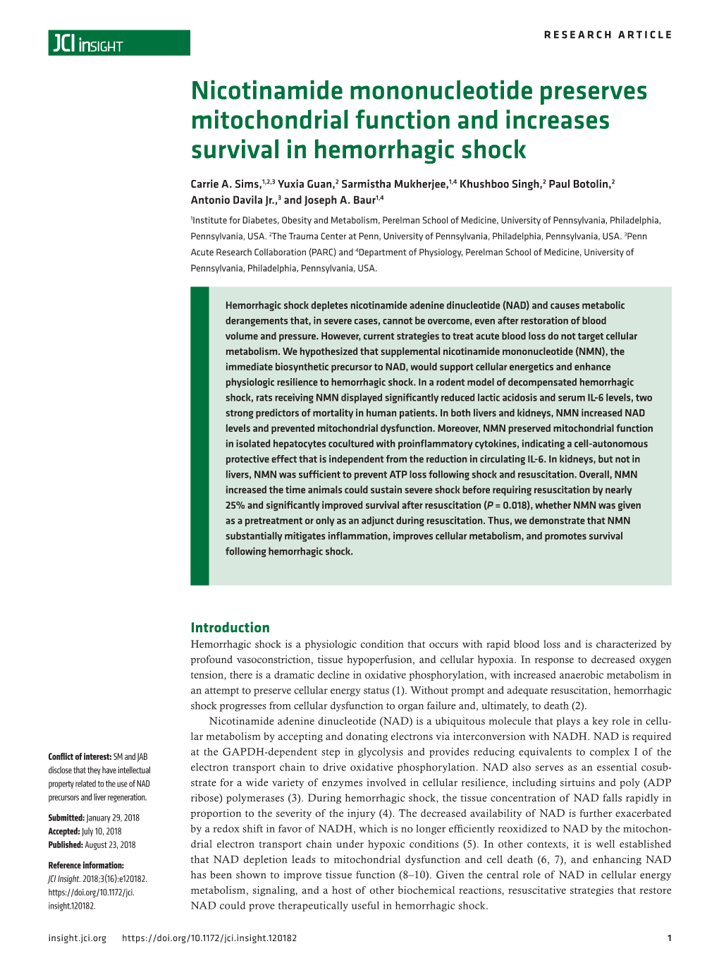 Nicotinamide Mononucleotide Preserves Mitochondrial Function and Increases Survival in Hemorrhagic Shock