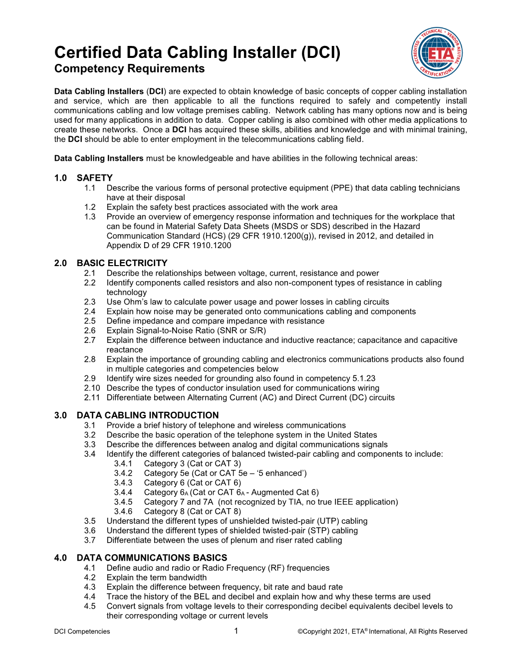 Certified Data Cabling Installer (DCI) Competency Requirements