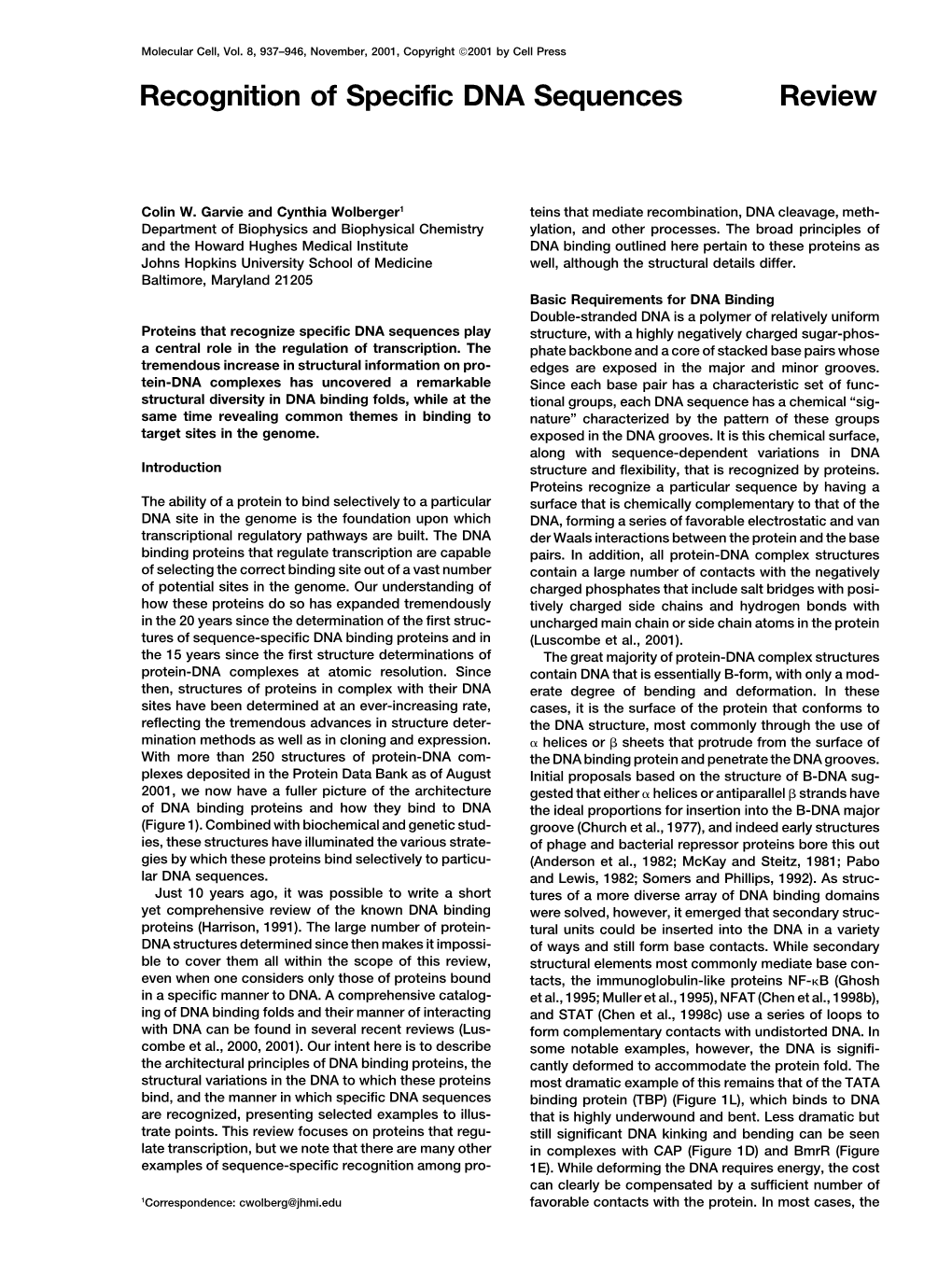 Review Recognition of Specific DNA Sequences