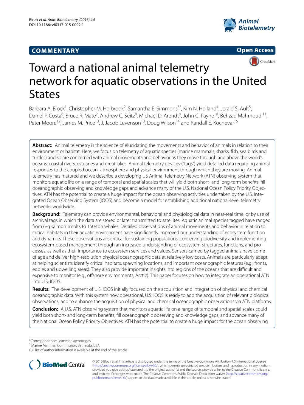 Toward a National Animal Telemetry Network for Aquatic Observations in the United States Barbara A