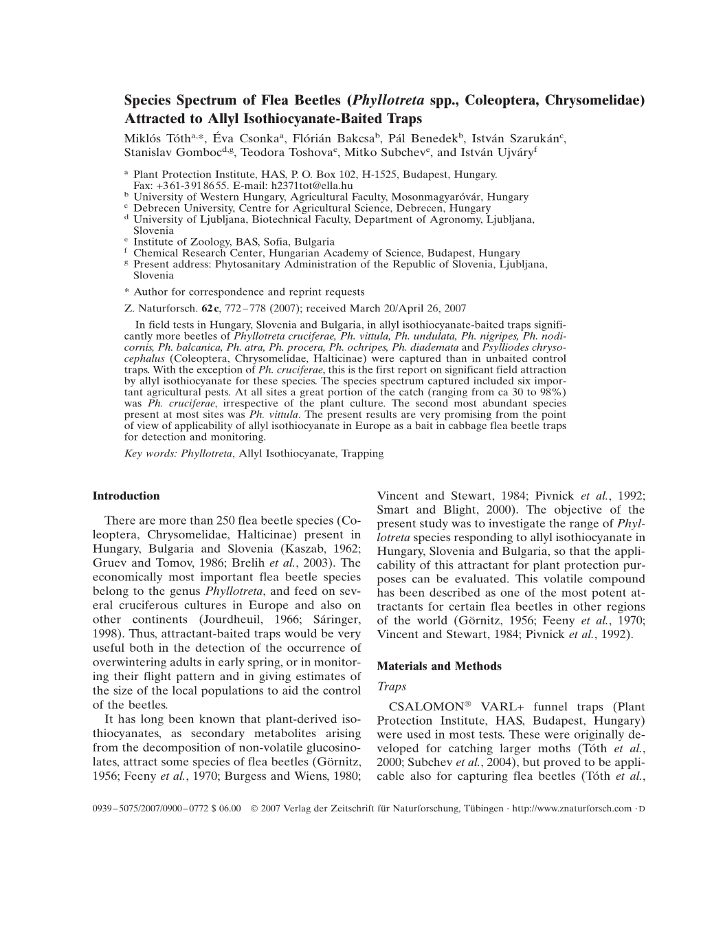 Species Spectrum of Flea Beetles (Phyllotreta Spp., Coleoptera, Chrysomelidae) Attracted to Allyl Isothiocyanate-Baited Traps