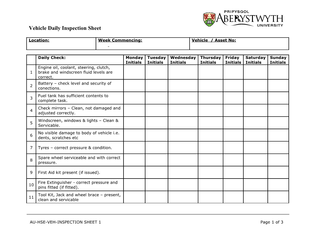 Vehicle Daily Inspection Sheet