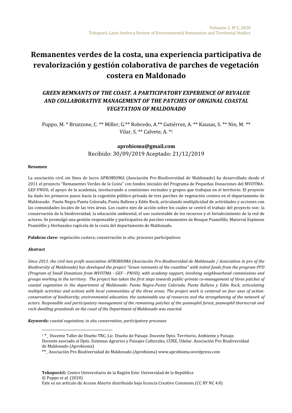 Remanentes Verdes De La Costa, Una Experiencia Participativa De Revalorización Y Gestión Colaborativa De Parches De Vegetación Costera En Maldonado