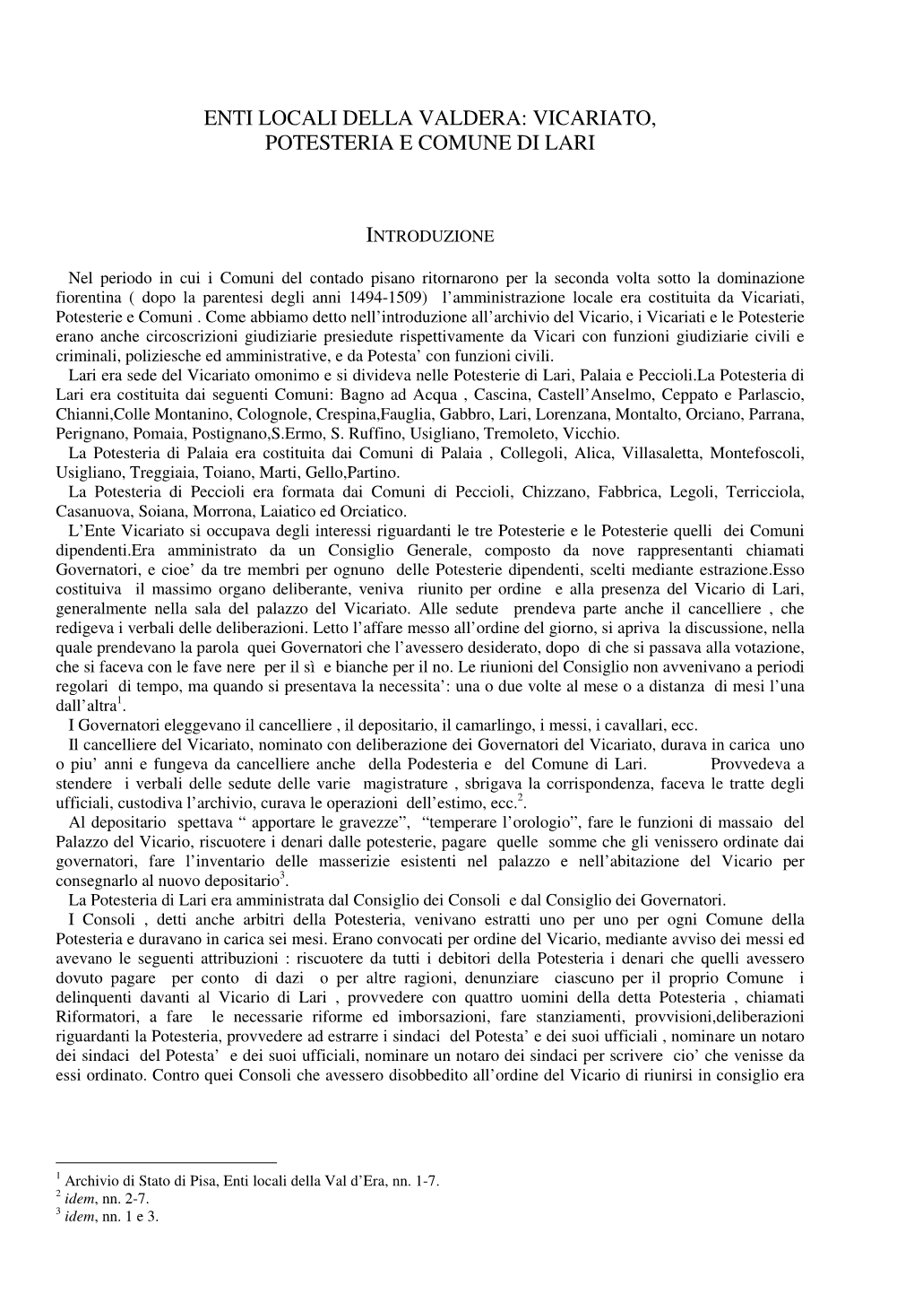 Enti Locali Della Valdera: Vicariato, Potesteria E Comune Di Lari