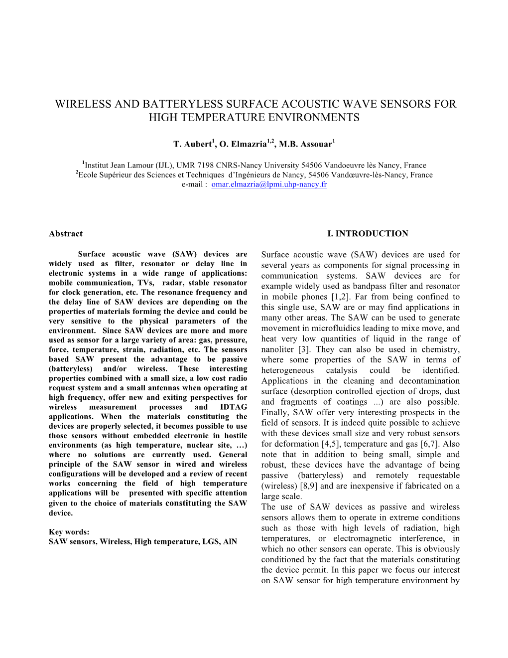 Wireless and Batteryless Surface Acoustic Wave Sensors for High Temperature Environments