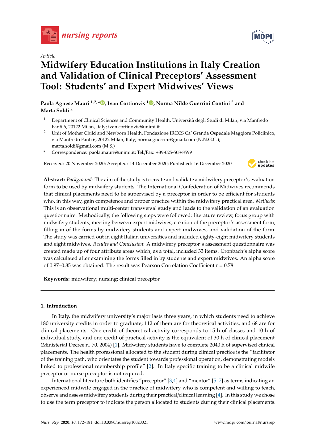 Midwifery Education Institutions in Italy Creation and Validation of Clinical Preceptors’ Assessment Tool: Students’ and Expert Midwives’ Views