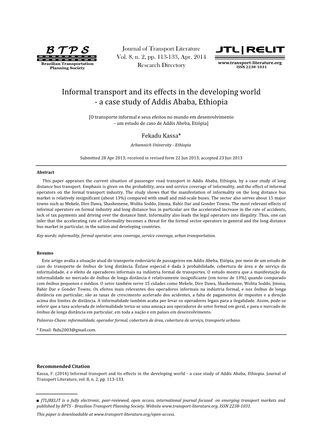 B T P S Journal of Transport Literature JTL|RELIT Vol