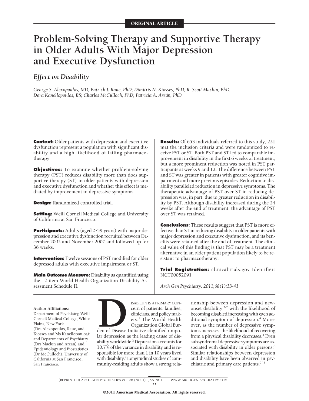 Problem-Solving Therapy and Supportive Therapy in Older Adults with Major Depression and Executive Dysfunction Effect on Disability