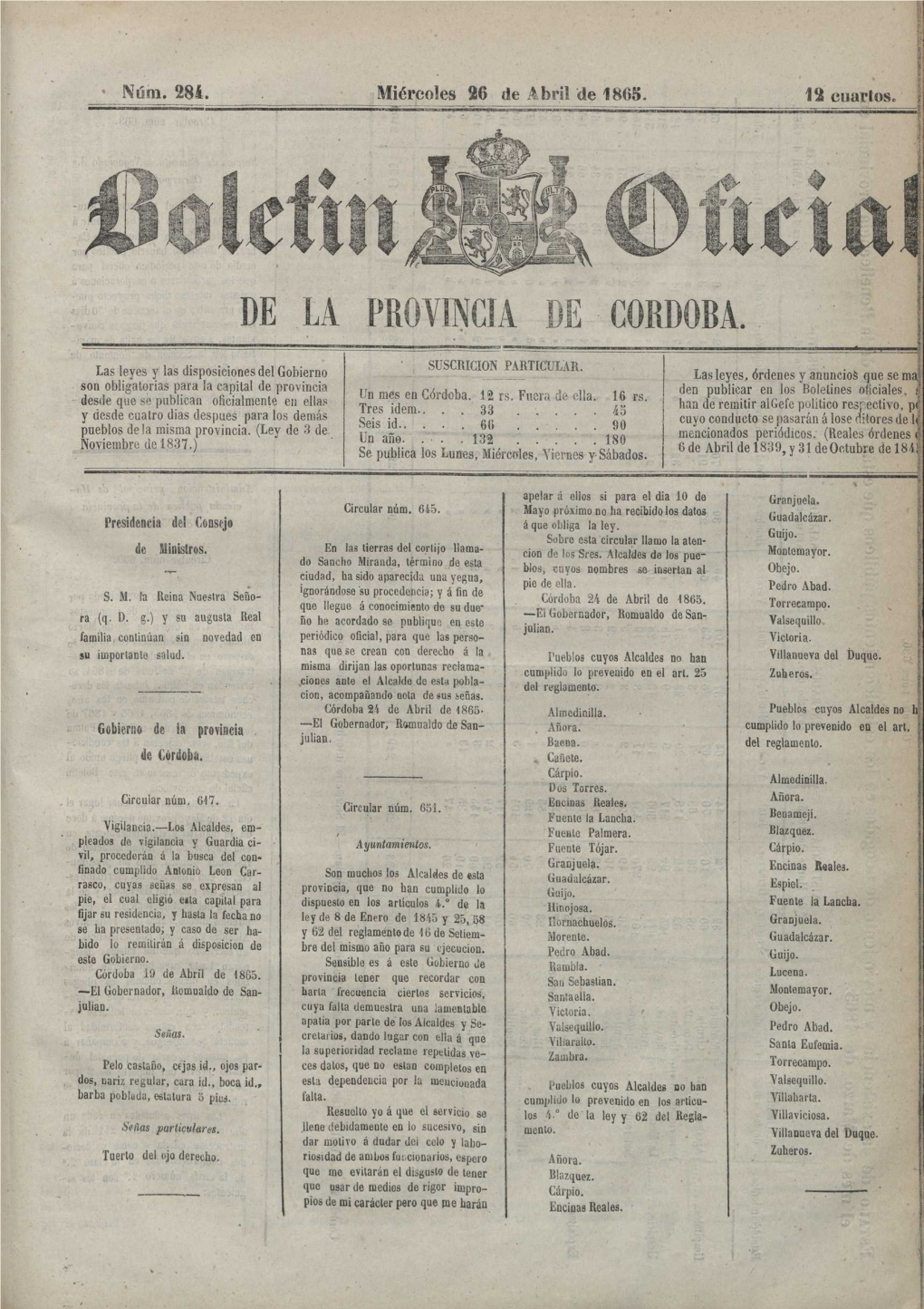 Miércoles 26 De Abril De 1865. 12 Cuartos‘