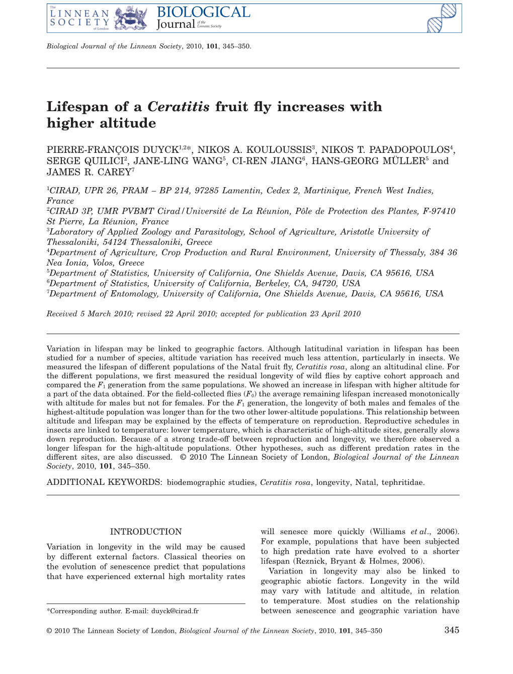 Lifespan of a Ceratitis Fruit Fly Increases with Higher Altitude