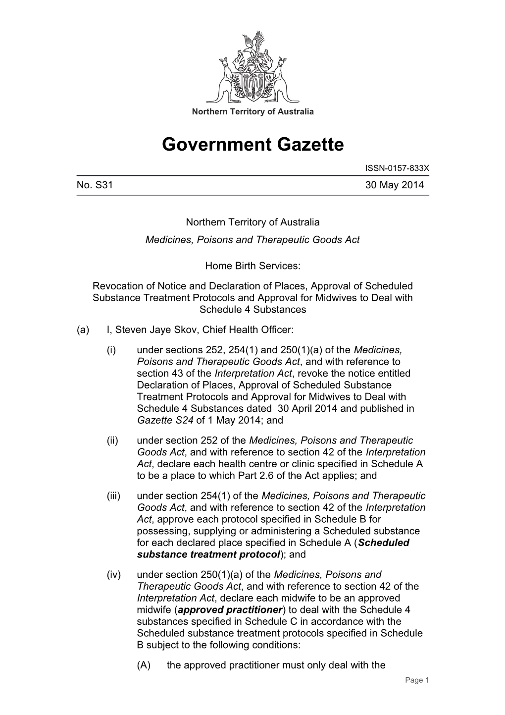 Northern Territory Government Gazette No. S31, 30 May 2014