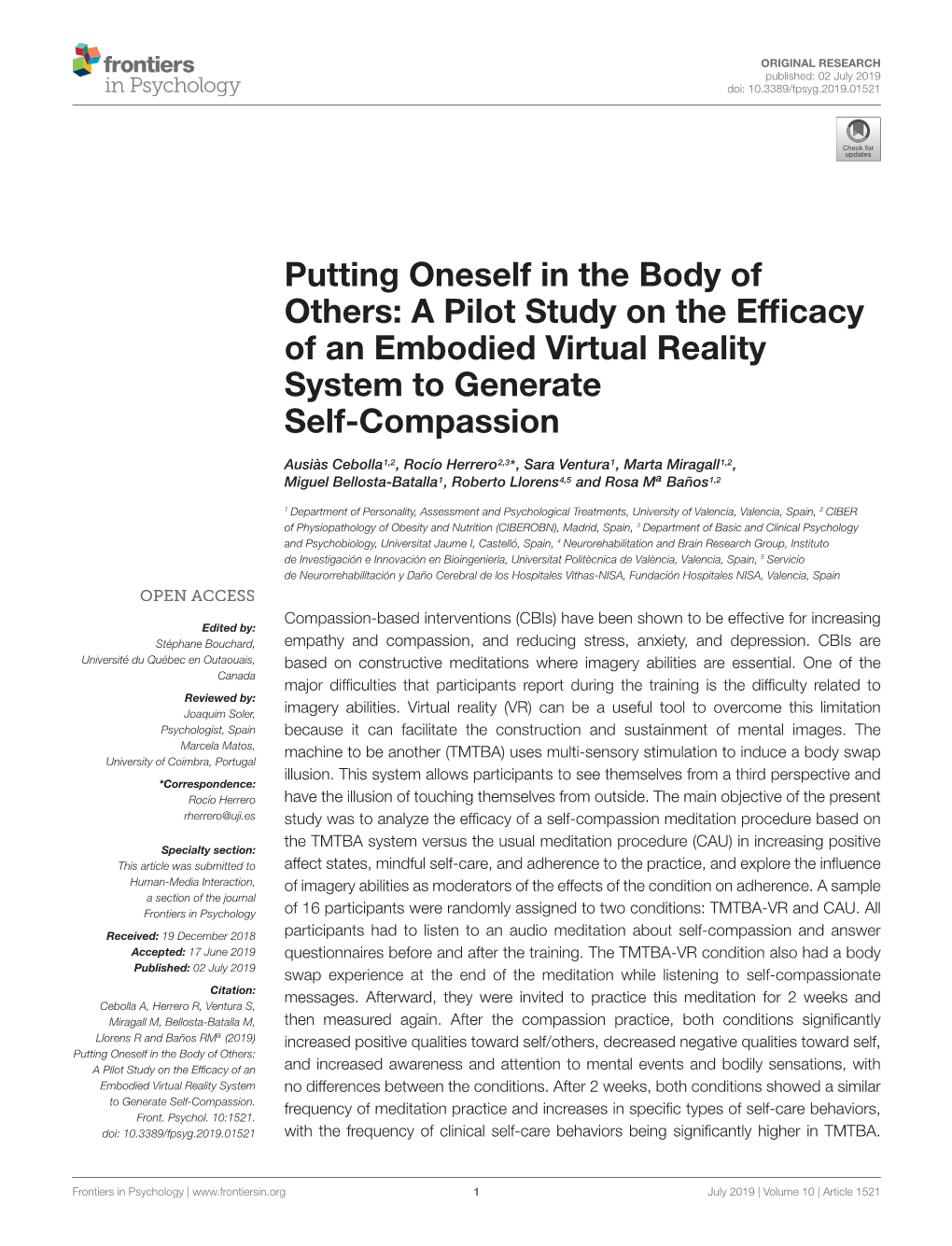 A Pilot Study on the Efficacy of an Embodied Virtual Reality System To