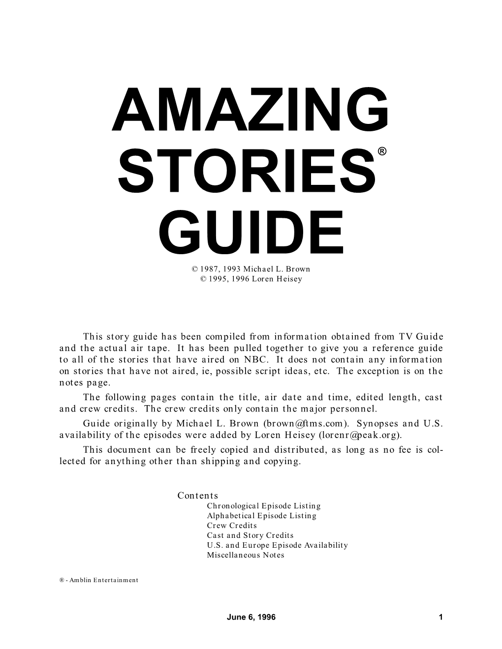 AMAZING STORIES® GUIDE © 1987, 1993 Michael L