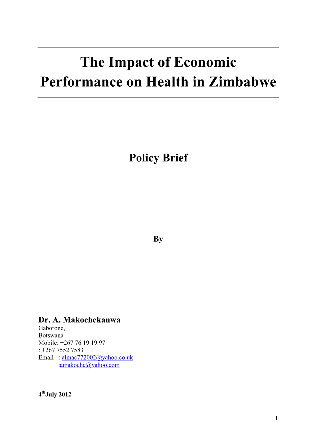 The Impact of Economic Performance on Health in Zimbabwe